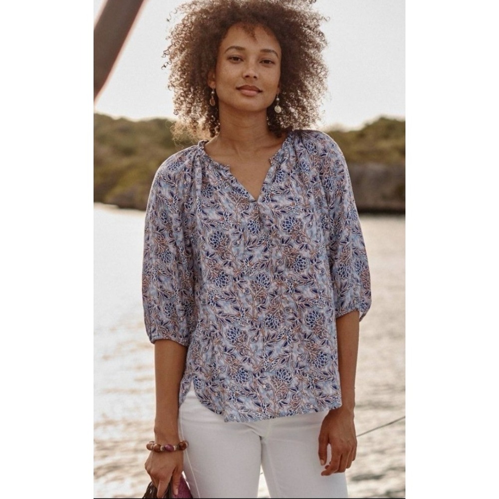 J.Jill Love Linen Floral Peasant Top Royal Purple Lotus Womens Medium Petite